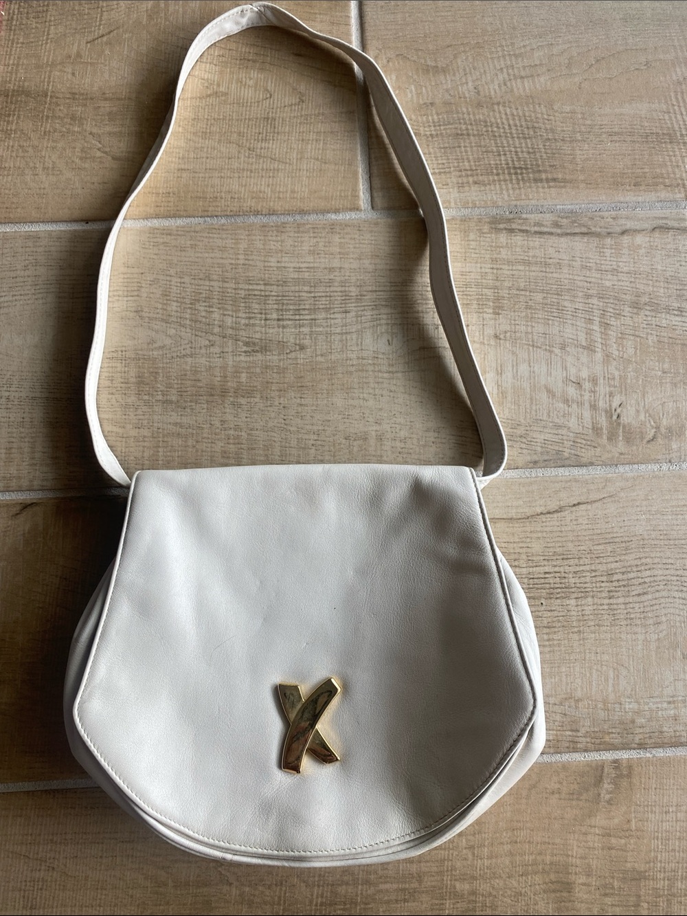 Paloma Picasso Vintage Cream Crossbody Shoulder Bag with Gold X Logo